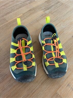 Keen Kids Dark Green Water Shoes with Yellow Straps and Orange Laces